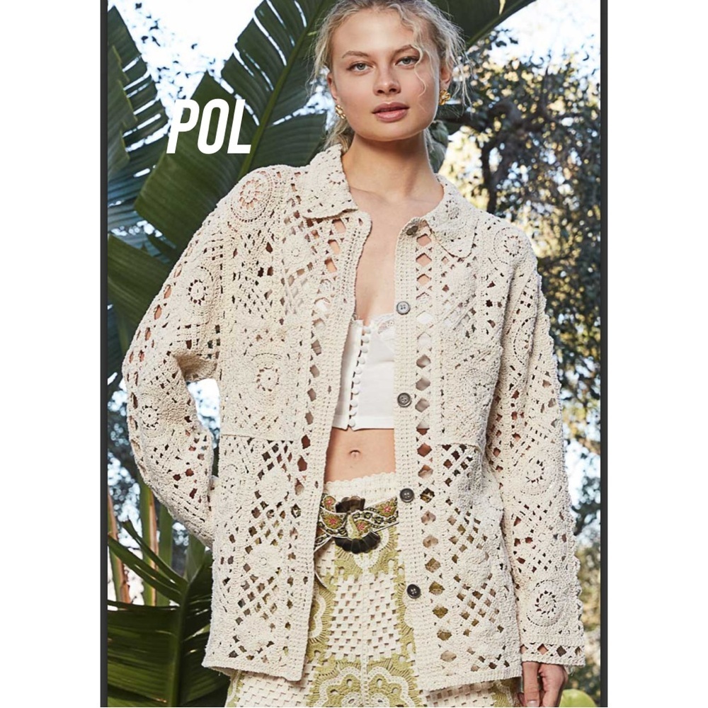 POL Cotton Crochet Long Sleeve Button Down Shirt One Size